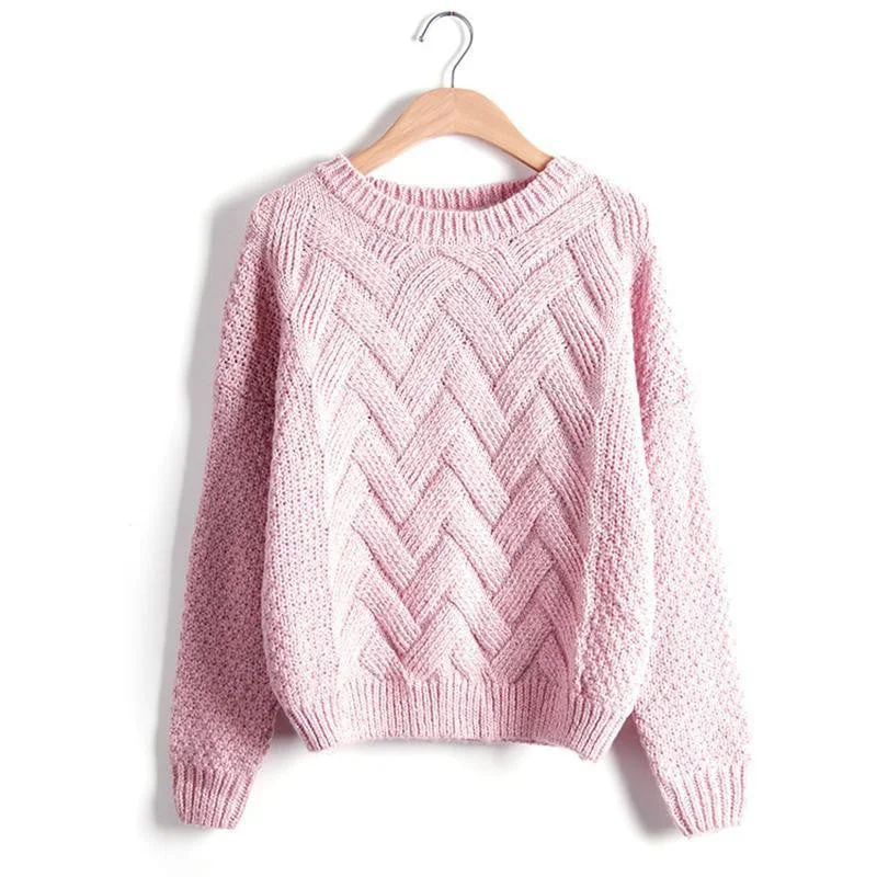 Warm 3D Loose Women Sweater Pink O Neck Long Sleeve Wave Knit Pullovers Plaid Pull Clothing Turtleneck Warm Pullover