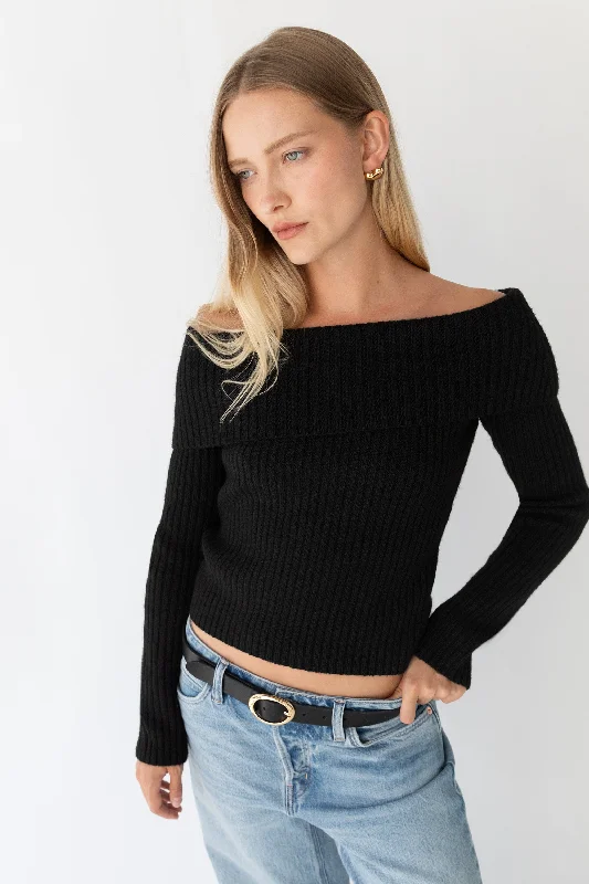 CROPPED OFF THE SHOULDER SWEATER Houndstooth Herringbone Solid