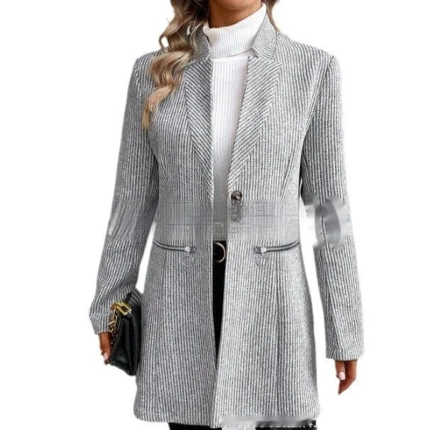 European And American Leisure Vertical Pattern Women's Woolen Jacket Zipper A-Line Jacket Boat Neck Shawl Collar
