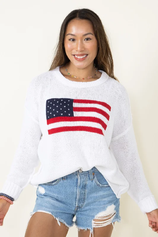 Miracle Knit American Flag Lightweight Sweater for Women in Ivory | F172-IVORY Striped Floral Plaid
