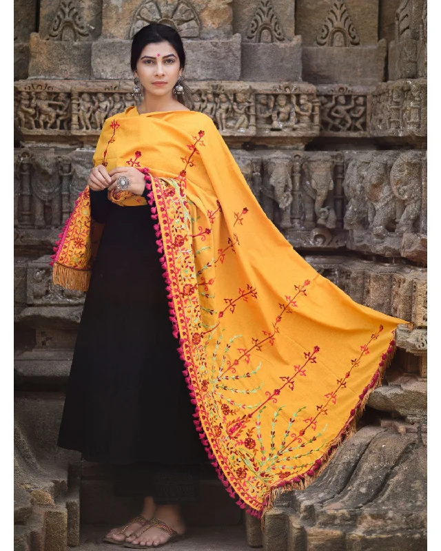 Women's Mustard Floral Aari Embroidered Khadi Shawl/Dupatta With Wine Cotton Tassel Lace - MESMORA FASHION Comfortable Cotton Shawl Wrap Women's Mustard Floral Aari Embroidered Khadi Shawl/Dupatta With Wine Cotton Tassel Lace - MESMORA FASHION Comfortable Cotton Shawl Wrap