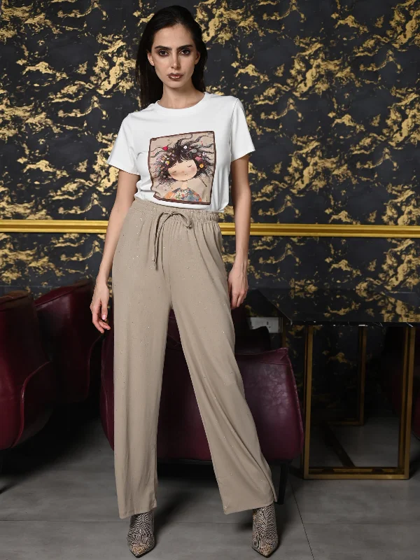 Odette Beige Knit Rib Trouser For Women Trousers Capri Summer