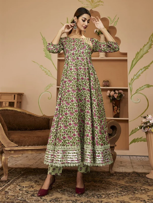 Divena HandBlock Floral Printed Green Anarkali Cotton Kurta With Trousers Trousers Custom Made