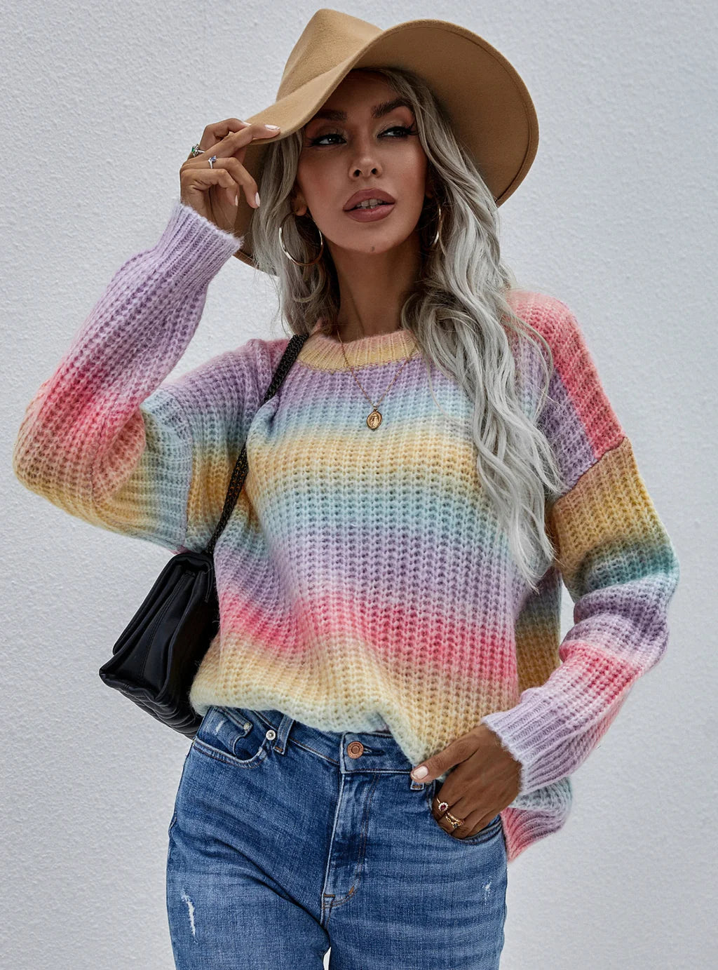 STYLISH PULLOVER STRIPED ROUND NECK RAINBOW SWEATER Thin Wool Pullover