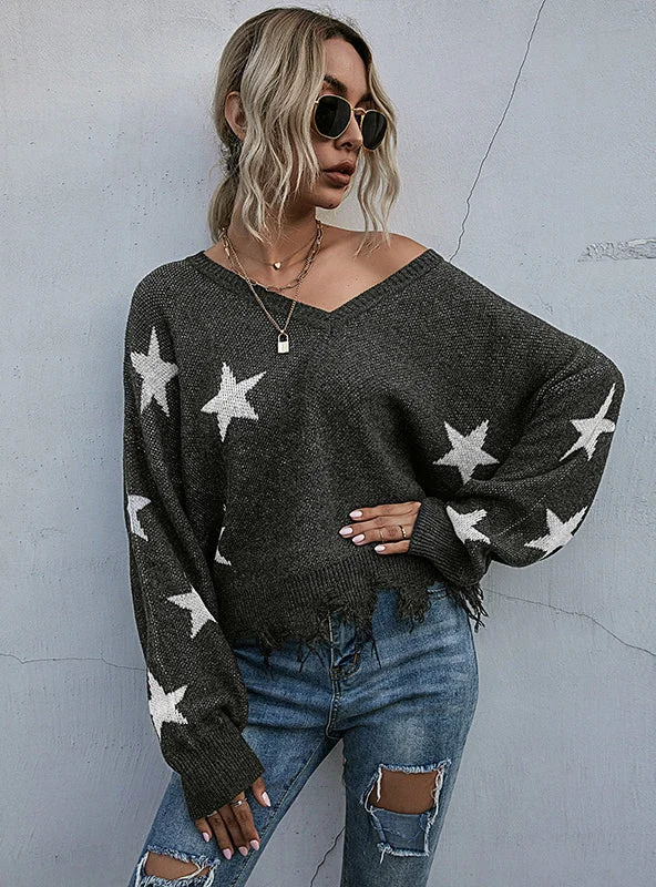V-NECK PULLOVER STAR PATTERN SWEATER Tapered Sleeve Pullover