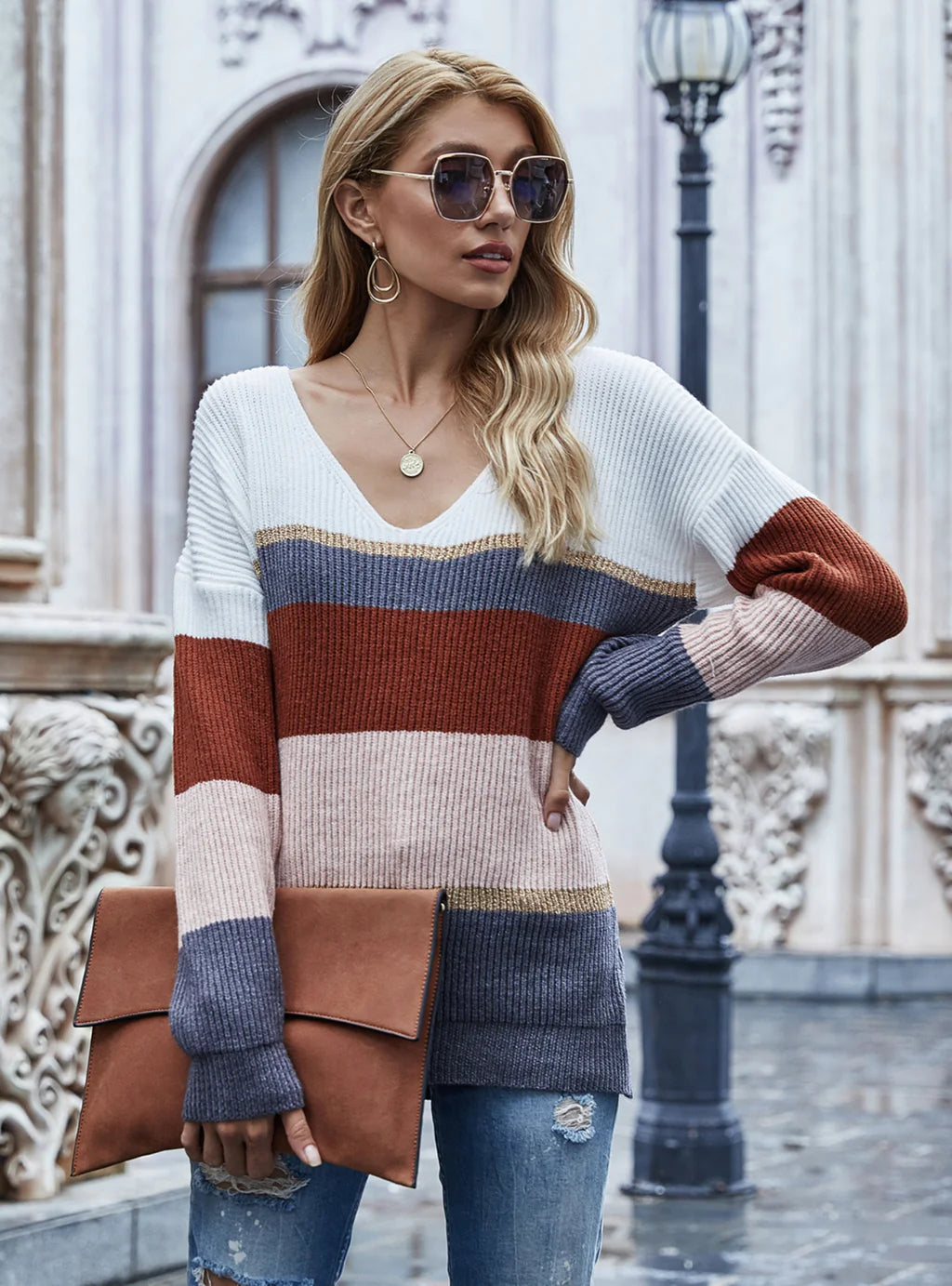 CLASSY STRIPED V-NECK PULLOVER SWEATER Puff Sleeve Stylish
