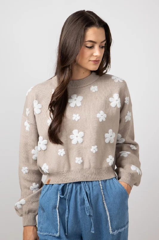 Simply Southern Cropped Flower Sweater for Women in Tan | PP-0224-SWTR-CRP-FLWR Mesh Fabric Canvas Fabric Denim Fabric