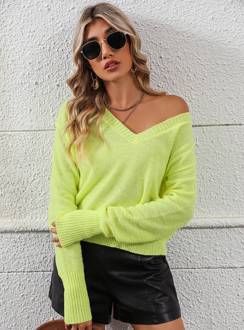 FASHION LONG SLEEVE V-NECK SOLID COLOR PULLOVER SWEATER Boat Neck Sweater