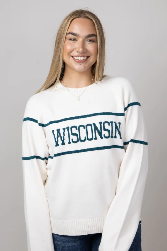 Thread & Supply Wisconsin Varsity Lettering Sweater for Women in Cream/Pinegreen | T2454SWTS-OFFWHITEPINE Elasticated Padded Insulated