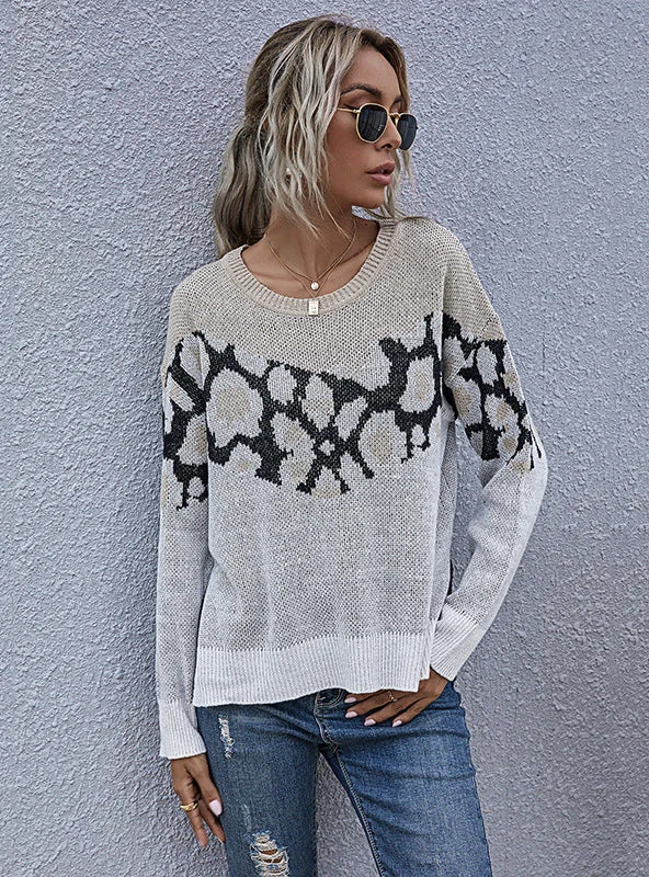 PRINT CREW NECK PULLOVER SWEATER Short Puff Sleeve