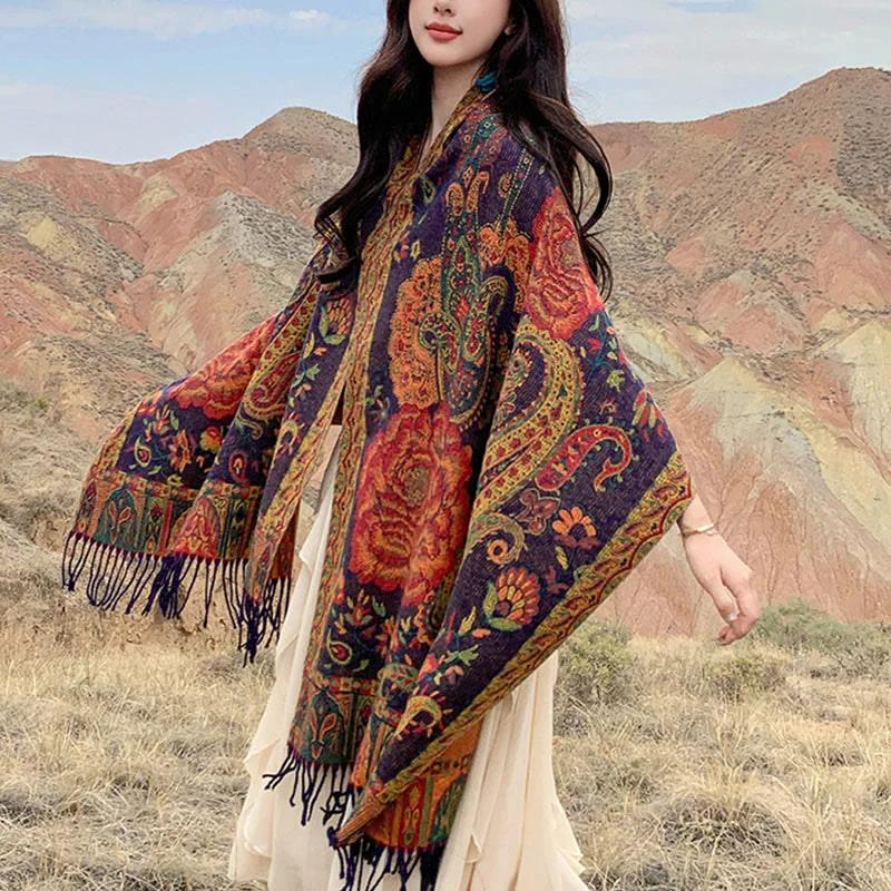 Buddha Stones Tibetan Cashew Peony Flowers Vine Tassels Shawl Fall Winter Cozy Scarf Wrap Classic Plain Shawl Wrap