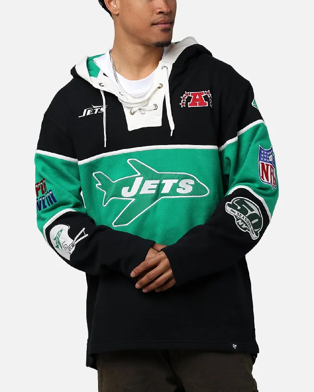 47 Brand New York Jets Super Bowl Gridiron Lacer Hoodie Jet Black Hoodie with Raw Hem Edgy Unfinished