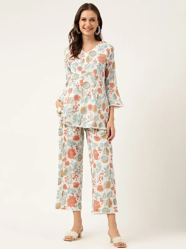Divena Women Floral Printed Pure Cotton Tunic With Trousers Trousers Seasonal Trendy