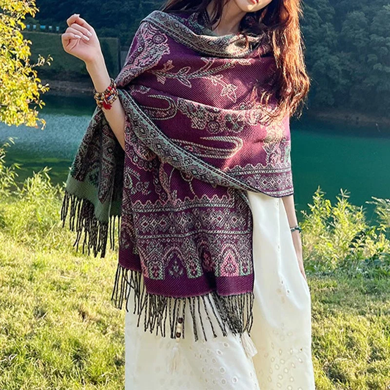 Buddha Stones Vintage Tibetan Leaves Pattern Design Shawl Cozy Travel Scarf Wrap Warm Cashmere Shawl Wrap
