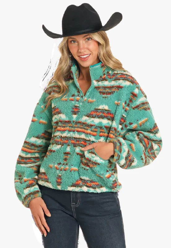 Rock and Roll Womens Aztec Print Sherpa Pullover Halter Neck Top