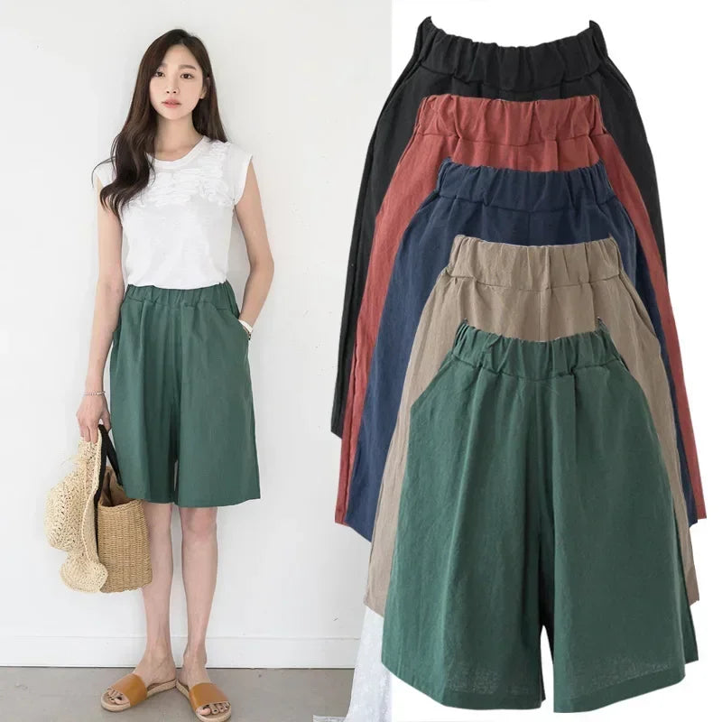 Women High Waisted Shorts Female Wide Leg Trousers With Pocket Oversized Summer Casual Clothing Office Lady Loose Short Pants Trousers Pleated Formal