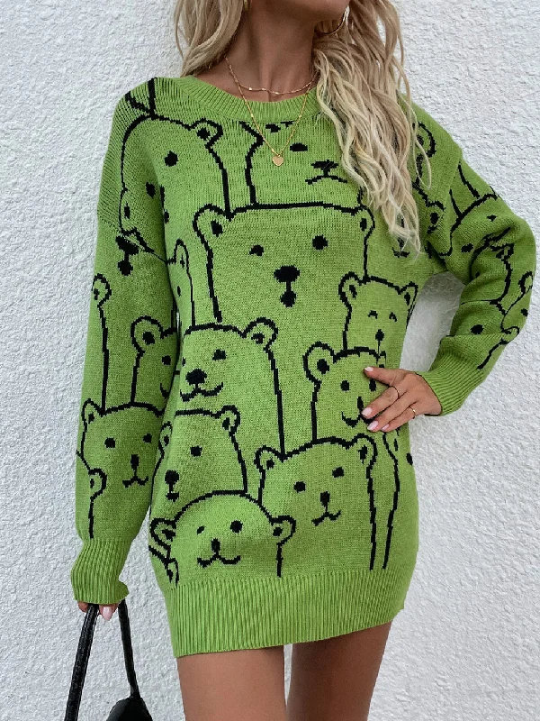 FASHION PRINTED ROUND NECK KNITTED PULLOVER SWEATER Lantern Sleeve Elegant