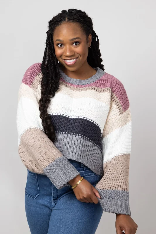 Simply Southern Striped Cropped Sweater for Women in Plum | PP-0224-SWTR-CLRSTRP-PLUM Cable Knit Ribbed Knit Lace Knit
