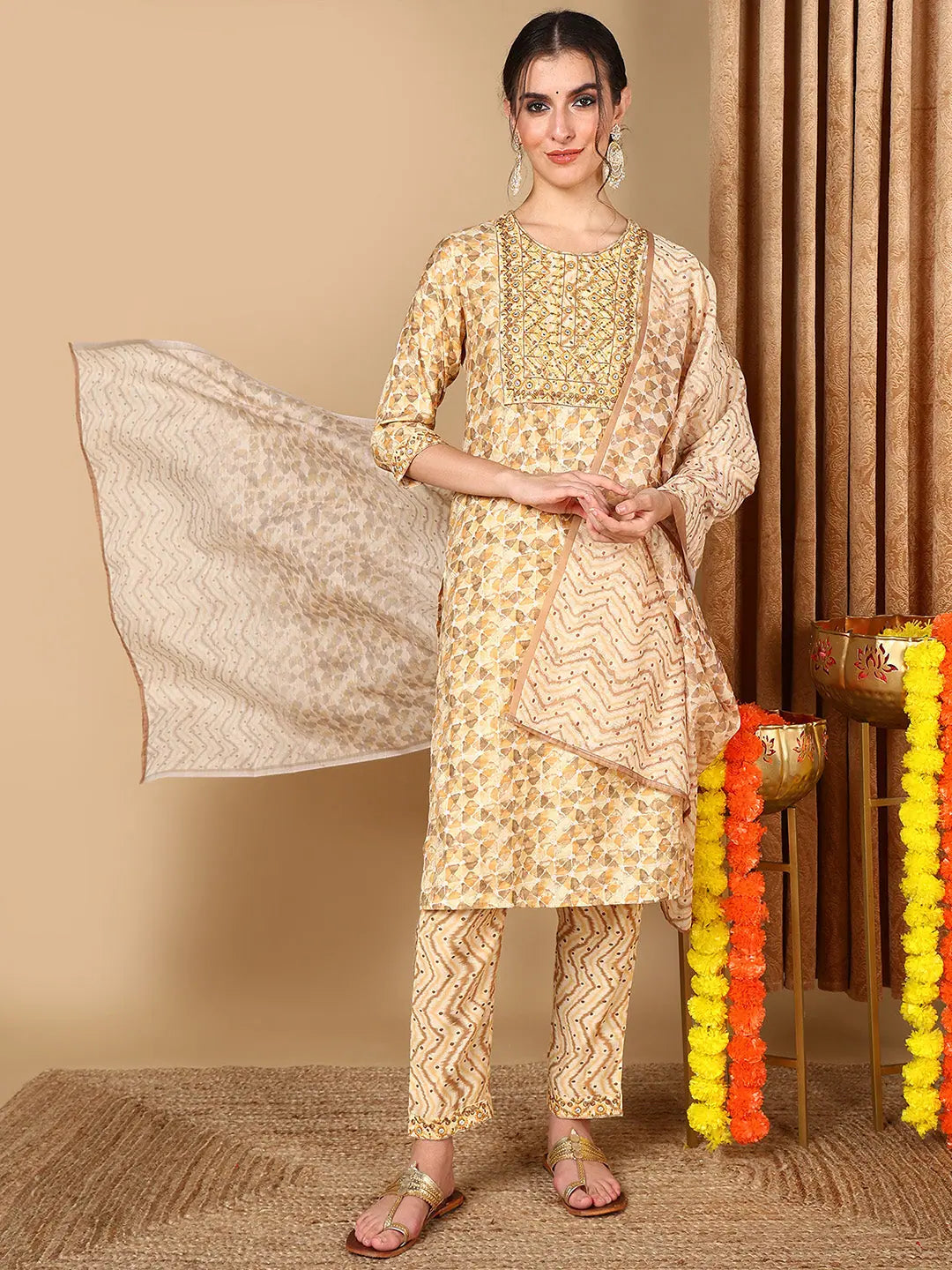 Ahika Women Beige Pure Cotton Geometric Printed Kurta Trouser With Dupatta Trousers New Arrival