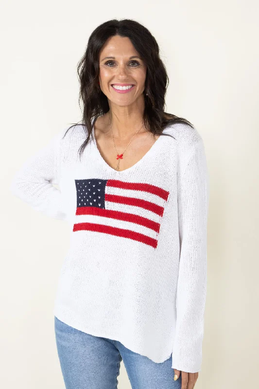 Miracle Knit American Flag Sweater for Women in Ivory | F173-IVORY Mesh Blend Leather Blend Suede Blend