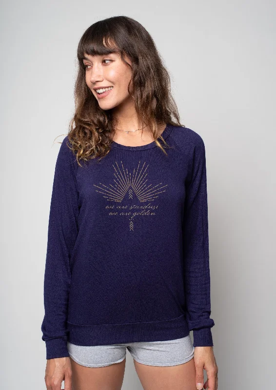 'We Are Stardust' Ultra-Soft French Terry Raglan Pullover - Indigo Boxy Neck Sweater