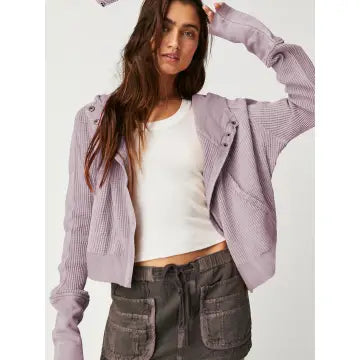 On The Go Purple Zip Front Hooded Crop Jacket Faux Fur Fabric Real Fur Fabric Shearling Fabric