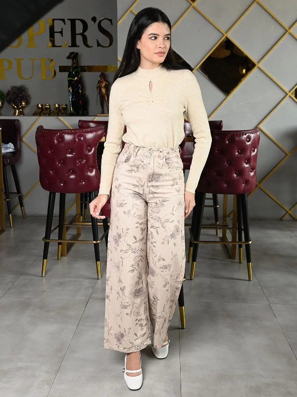 Odette Beige Denim Printed Trouser For Women Trousers Hiking Durable