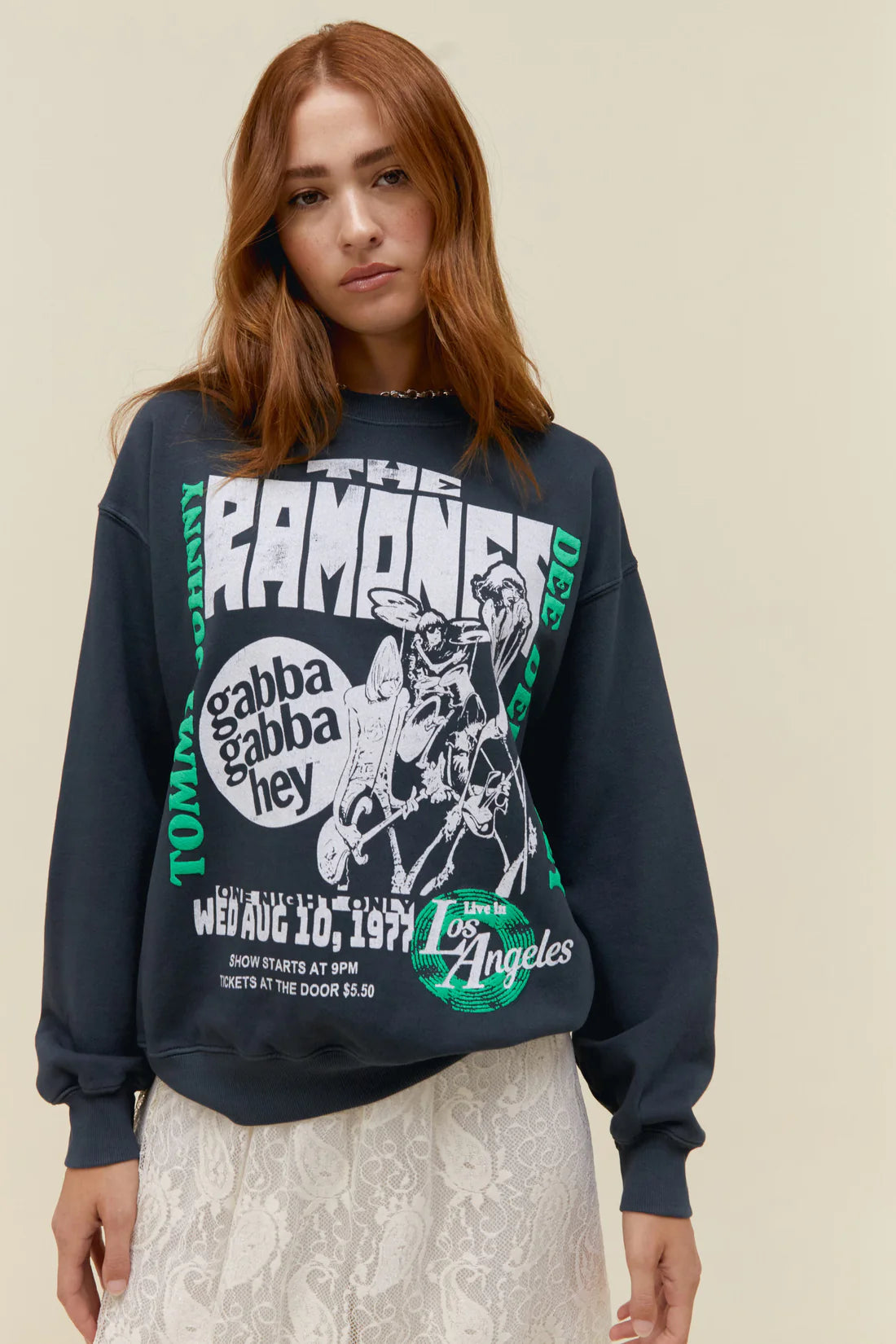 Daydreamer - Ramones Gabba Gabba Hey BF Crew Sweatshirt Hoodie with Hem Applique Textured Unique