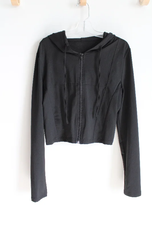 Shein Black Stretch Crop Athletic Hoodie | S Hoodie with Pocket Utility Practical