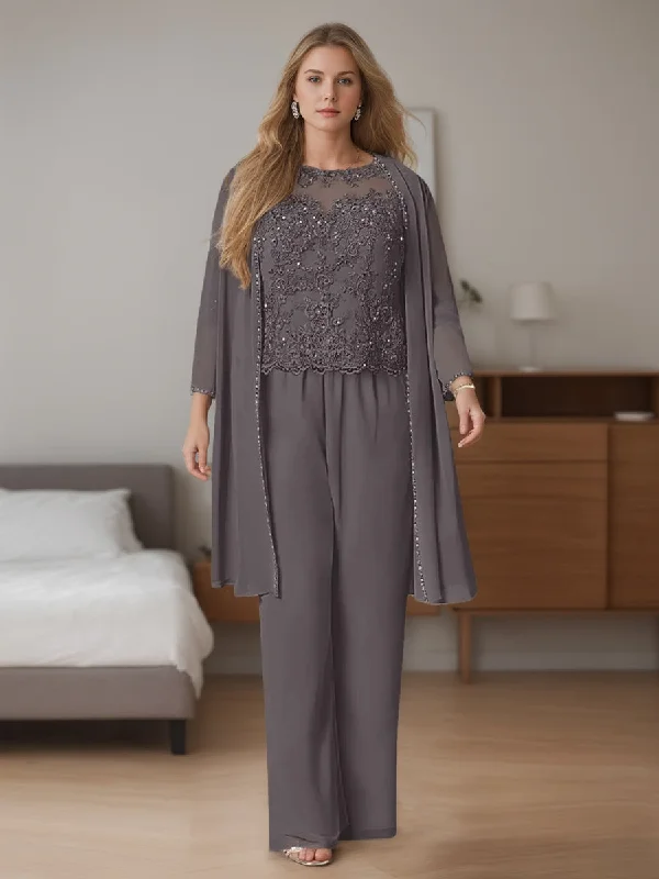 Chiffon 3 Pieces Scoop Neck Long Sleeves Floor-Length Plus Size Mother Of The Bride Pantsuits With Jacket Anorak Shell Jacket Lightweight Jacket Chiffon 3 Pieces Scoop Neck Long Sleeves Floor-Length Plus Size Mother Of The Bride Pantsuits With Jacket Anorak Shell Jacket Lightweight Jacket