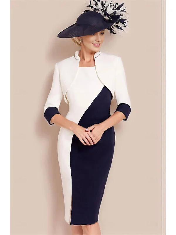 Two Piece Sheath/Column Knee-Length Jewel Neck Short Sleeve Mother of the Bride Dress with Jacket One-Shoulder Jacket Off-the-Shoulder Jacket Asymmetrical Jacket