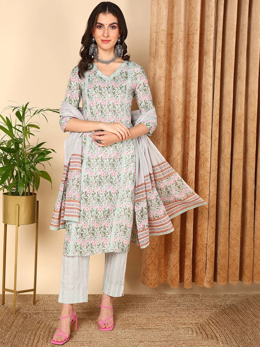 Ahika Women Sea Green Pure Cotton Floral Printed Kurta Trouser With Dupatta-VKSKD2005_M Trousers Capri Summer