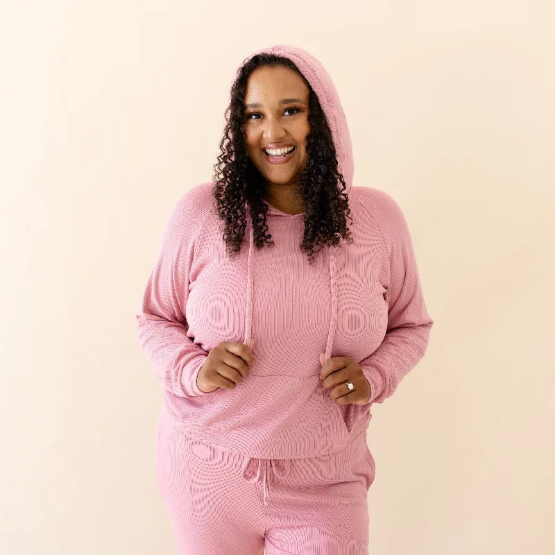 Women's Ribbed Hoodie in Apple Blossom Hoodie with Batwing Sleeves Loose Dramatic