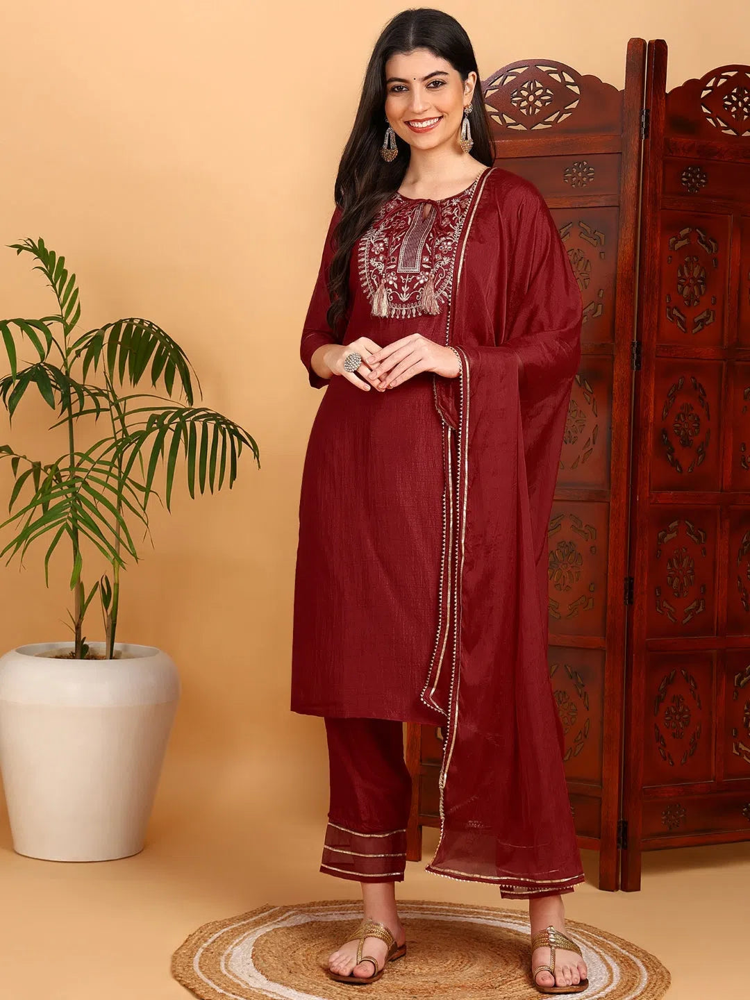 Ahika Women Silk Blend Embroidered Kurta Trouser-PKSKD1789_XS Trousers Bestseller Popular