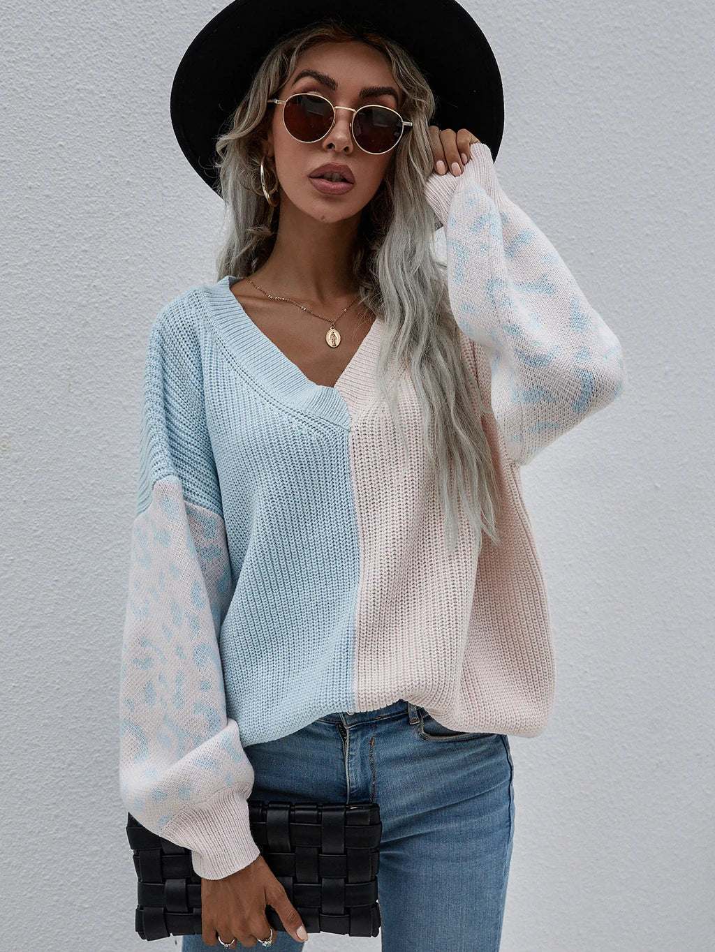 STYLISH LOOSE V-NECK SPLICING LEOPARD PRINT PULLOVER SWEATER Slouchy Comfort Pullover