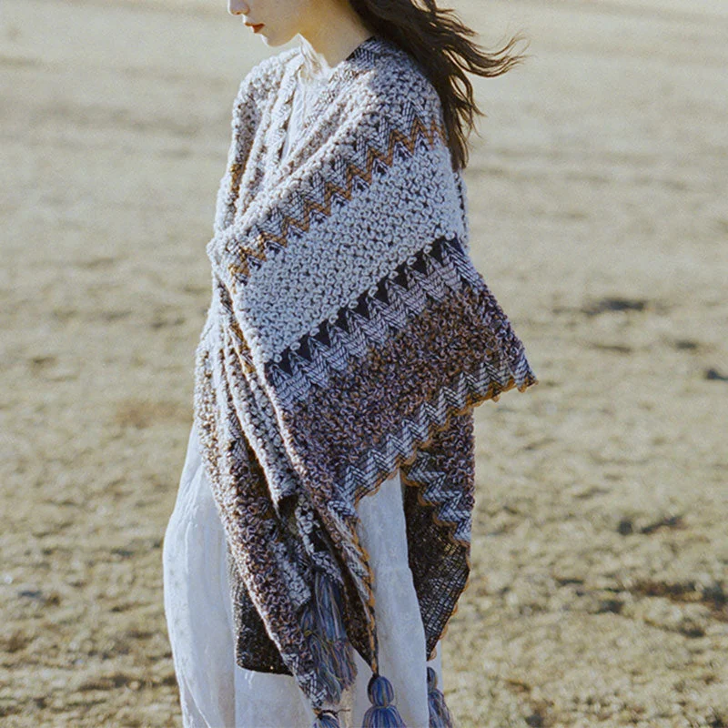 Buddha Stones Tibetan Shawl Gray Brown Striped Knitted Tassels Winter Cozy Travel Scarf Wrap Cozy Fleece Shawl Wrap