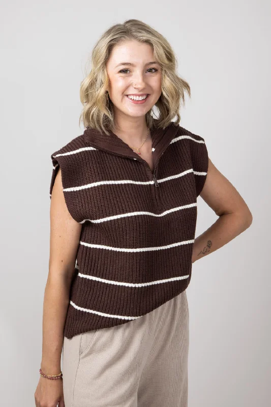 Elan Stripe Zip Neck Cap Sleeve Sweater Shirt for Women in Brown Beige | SWS10850-BRNBEI Toggled Drawstring Belted