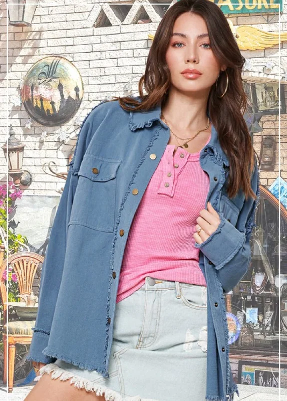 Cutting Edge Blue Button Down Fringe Jacket Elasticated Jacket Padded Jacket Insulated Jacket