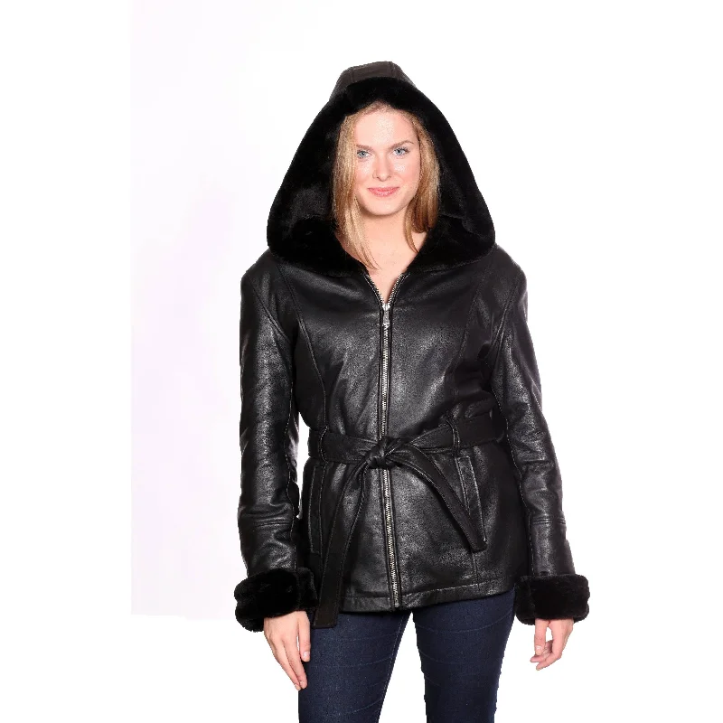 Christian NY Women's Shawl-Collar Hooded Leather Coat Comfortable Pashmina Shawl