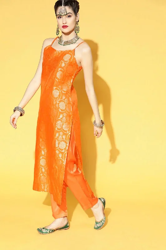 Orange Floral Cotton Kurta Trouser Dupatta Set Trousers versatile all-occasion