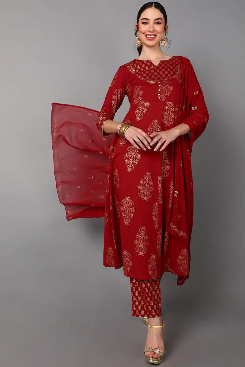 Ahika Cotton Printed Kurta Trousers Dupatta Set-VKSKD1416_XS Trousers practical durable