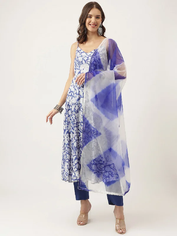 Divena Blue Muslin Floral Printed Kurta, Trouser with Dupatta Set Trousers Designer Luxury