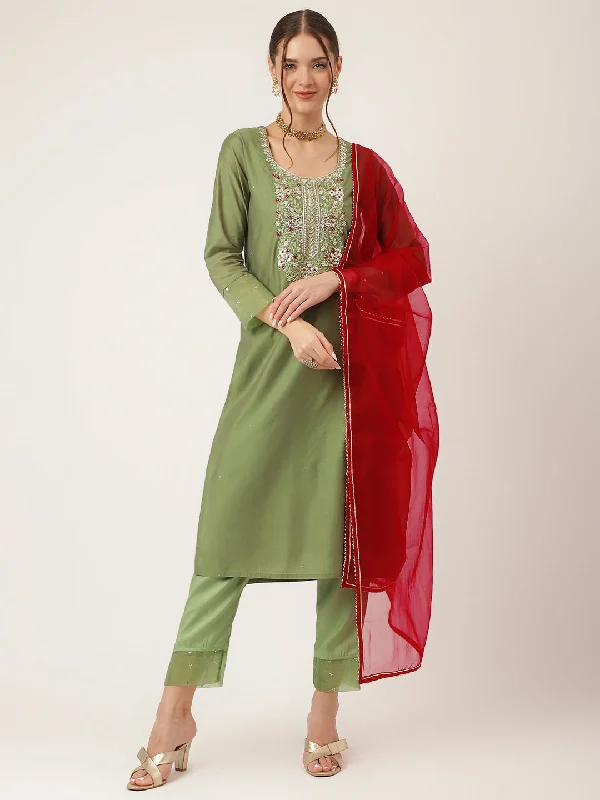 Divena Green Embroidered  Chanderi  Kurta, Trouser With Dupatta Trousers Bridal Satin