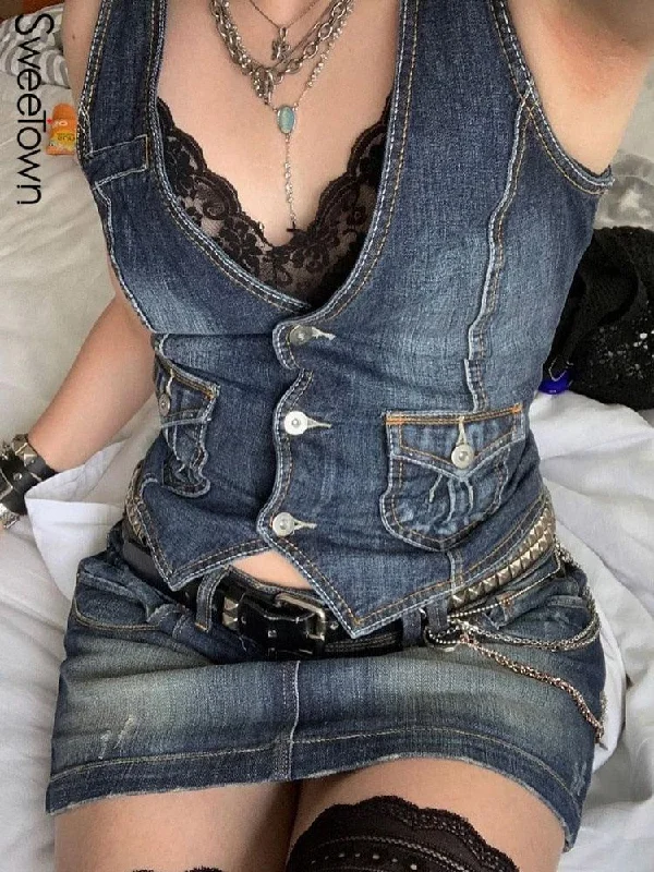 Sweetown Y2K Denim Crop Jacket Racerback Vest Grunge Waistcoat Pockets Streetwear Women Sleeveless Button Vintage Corsetier Tops Bomber Jacket Anorak Windbreaker