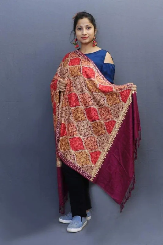 Wine Colour Shawl With Beautiful Allover Aari Jaal Is Perfect Wrap On Any Traditional Ocassion. Cozy Cashmere Shawl Throw