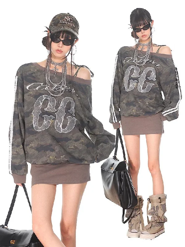 Camo Snake Print Sweatshirt Hoodie with Rhinestones Sparkly Elegant