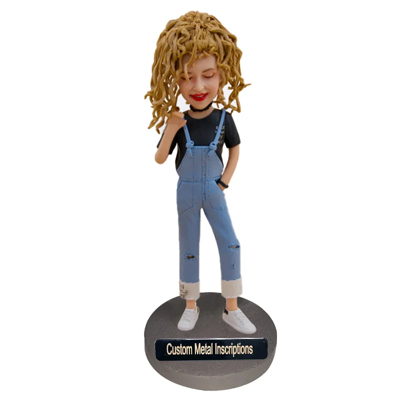 A Girl Wearing Suspender Trousers Custom Bobblehead with Metal Inscription Trousers Solid Black