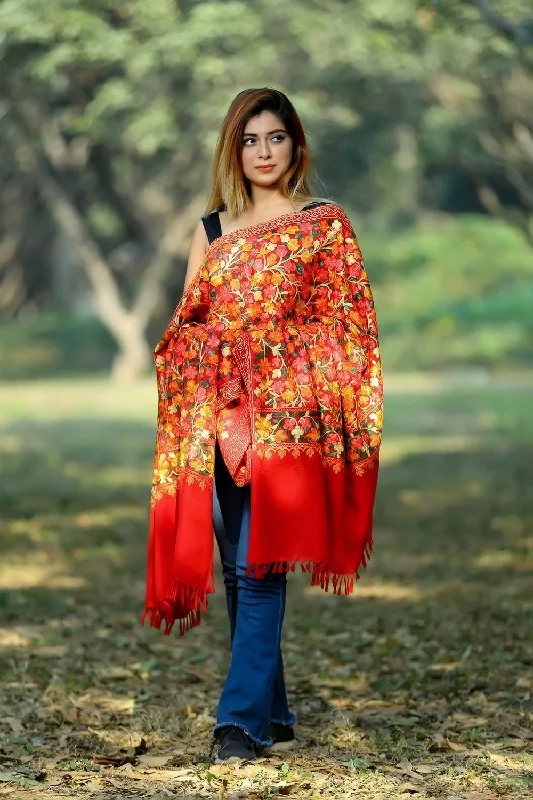 BEAUTIFUL MULTICOLOURED FLORAL ON HOT RED COLOUR SHAWL DEFINES FEMINISM AND ADDS GLAMOUR Classic Shawl with Tassels