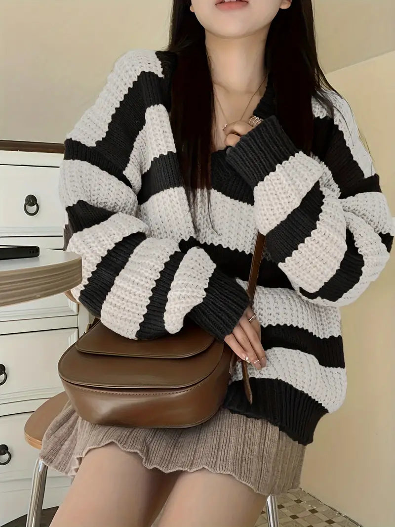 Casual Long Sleeve Striped V Neck Pullover Sweater Oversized Cozy Pullover