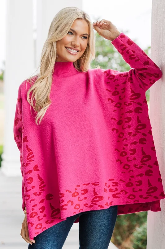 All In Theory Fuchsia Pink Leopard Sweater Tunic Elasticated Padded Insulated